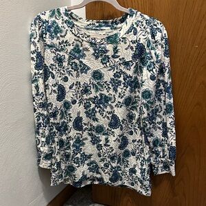 LOFT Cream and Blue Floral Long Sleeve Tee